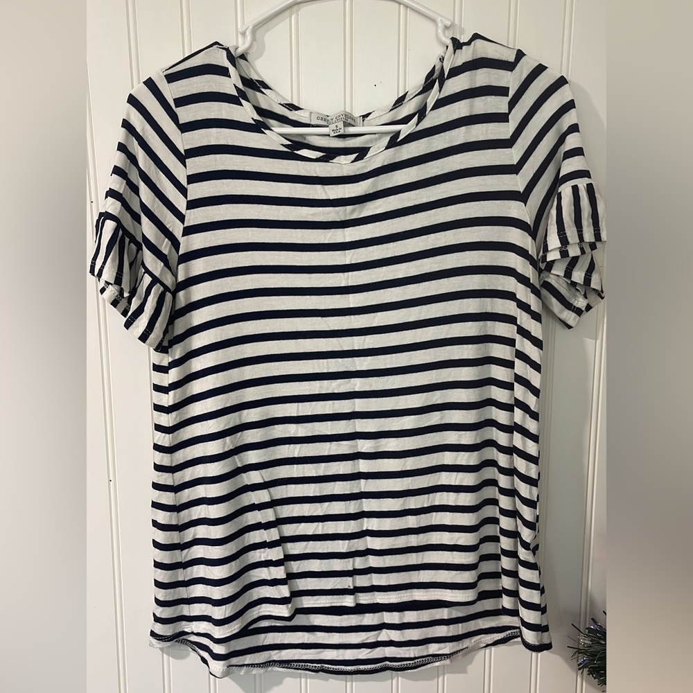 Green Envelope Striped Ruffle Sleeve Top - SMALL